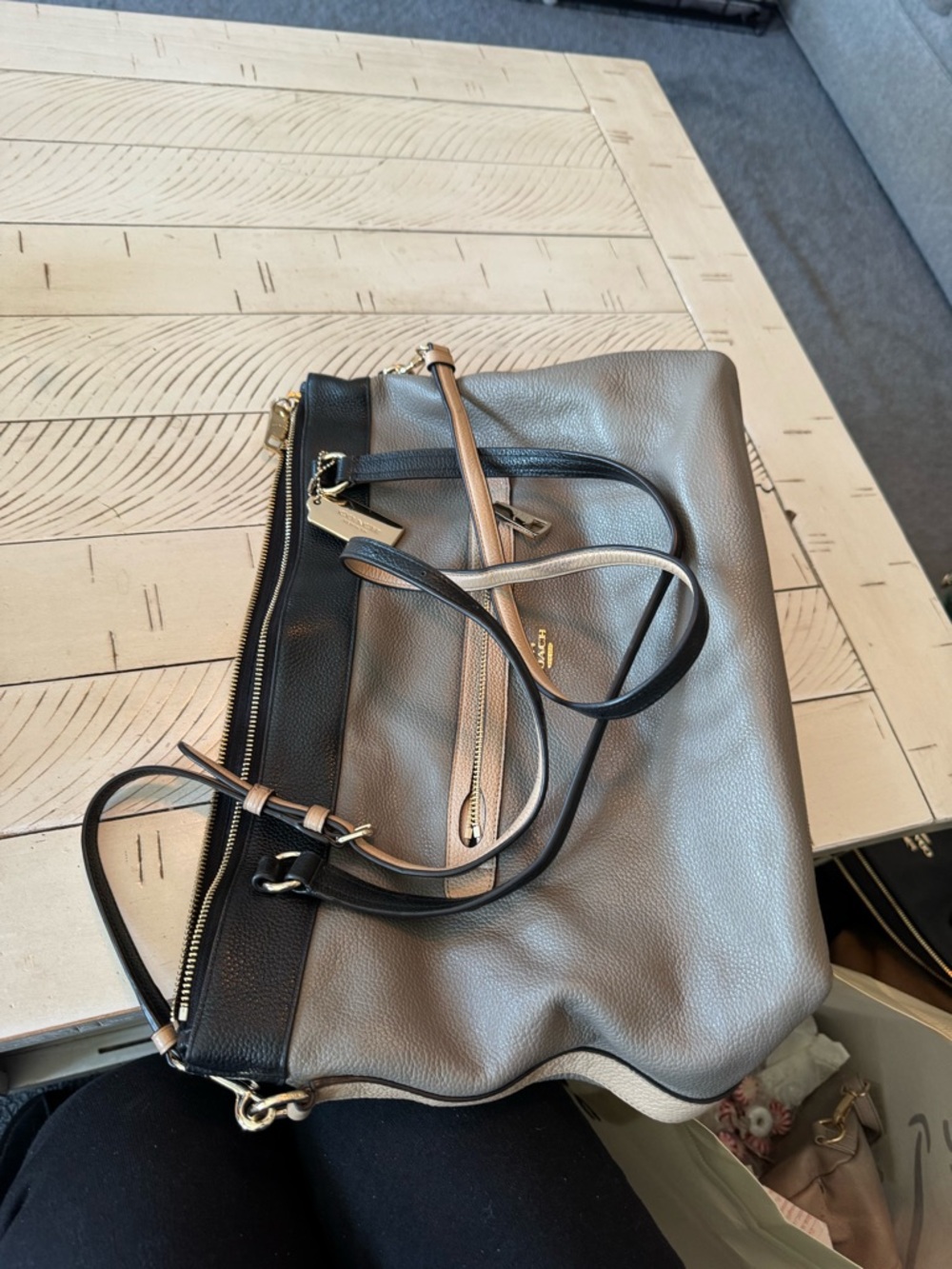 Used Coach Two-Tone Pebble Leather Tote - Taupe & Black - Picture 4 of 6